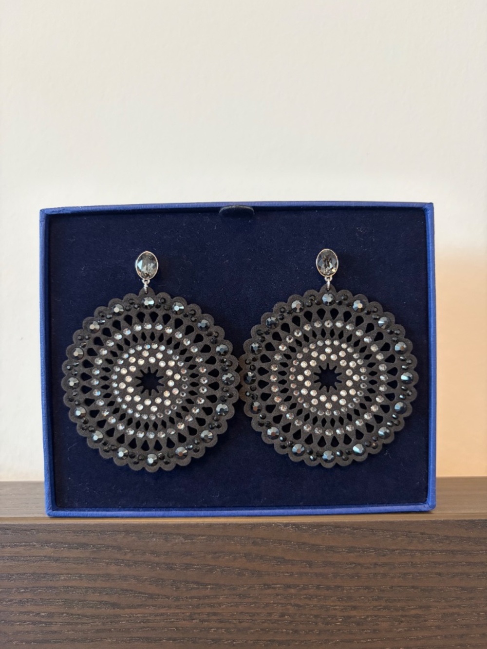 Swarovski Suede Crystal Statement Earrings Black Silver 2.75”